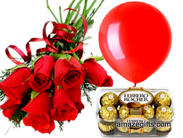 6 red roses 1 red balloon 16 Ferrero chocolates